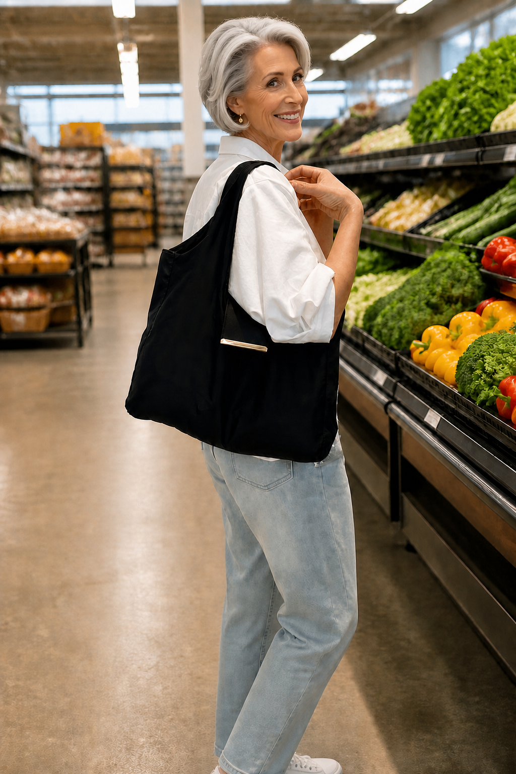 Mature European or American woman carrying the foldable tote in a supermarket